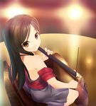  bad_id bad_pixiv_id bare_shoulders brown_eyes brown_hair cello highres instrument kittolau long_hair looking_back original sitting skirt solo 
