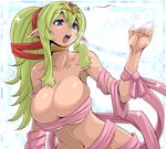  blue_eyes breasts chiki cleavage fire_emblem fire_emblem:_kakusei green_eyes green_hair hair_ornament kara_age large_breasts long_hair mamkute naked_ribbon open_mouth pointy_ears ponytail ribbon simple_background solo 