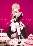  apron bad_id bad_pixiv_id blonde_hair bow cake chair choker crossed_arms dress english fingernails food fork frills garters knife leg_up long_fingernails long_hair maid maid_headdress nail_polish original purple_eyes solo stepping table thighhighs white_legwear yatosaki_haru 