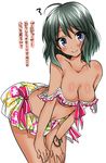  :&gt; ? ahoge bare_shoulders bent_over bikini blush bracelet breasts dark_skin floral_print green_hair idolmaster idolmaster_cinderella_girls jewelry medium_breasts natalia_(idolmaster) navel print_sarong purple_eyes sarong short_hair smile solo strap_slip swimsuit translated tsukudani_norio white_sarong 