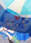  blue_eyes blue_hair bracelet flower food hair_flower hair_ornament hatsune_miku itou_(mogura) jewelry long_hair mouth_hold popsicle solo vocaloid wading_pool water_gun wet 