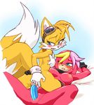  anthro breasts canine crossgender dildo double_dildo duo echidna eyewear female fox goggles lesbian lying mammal miles_prower on_back original_character plain_background pussy rule_63 sega sex_toy sonic_(series) sonic_team tails twistedterra 