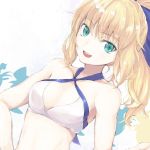 :d aqua_eyes artoria_pendragon_(all) artoria_pendragon_(swimsuit_archer) asagi_(kabocha_oukoku) blonde_hair blue_bow bow breasts cleavage collarbone eyebrows_visible_through_hair fate/grand_order fate_(series) hair_between_eyes hair_bow halterneck long_hair looking_at_viewer open_mouth ponytail shiny shiny_hair small_breasts smile solo white_background 