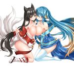  :o ahri animal_ears ass bare_shoulders black_hair blue_hair blush breast_press breasts detached_sleeves fox_ears fox_tail hair_ornament large_breasts league_of_legends long_hair looking_at_viewer miyuki_rei multiple_girls multiple_tails smile sona_buvelle symmetrical_docking tail thighhighs twintails very_long_hair white_legwear yellow_eyes 