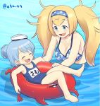  ahenn bare_shoulders bikini blonde_hair blue_eyes blue_hair breasts cleavage closed_eyes commentary_request double_bun enemy_lifebuoy_(kantai_collection) eyebrows eyebrows_visible_through_hair gambier_bay_(kantai_collection) hair_between_eyes hair_bun happy hat headband kantai_collection long_hair multiple_girls open_mouth playing samuel_b._roberts_(kantai_collection) short_hair swimsuit twintails twitter_username very_long_hair water 