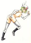  arrancar ass bent_over bleach blush breasts detached_sleeves espada eyepatch gloves green_hair hand_on_ass helmet highres horns jessie_(bananamuffinz) lilynette_gingerbuck looking_at_viewer nipples pink_eyes pussy short_hair small_breasts solo thighhighs white_legwear 