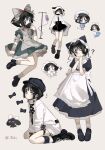  1girl ? alien_stage animal_ears apron aqua_dress armband bandaged_wrist bandages black_dress black_hair black_hat black_shoes blood blood_on_clothes bolihuagang bow cat_ears chibi chibi_inset cloak closed_mouth cross cross_print dress expressionless fake_animal_ears frilled_hairband frills hair_bow hairband hat head_tilt highres hood hooded_cloak kneehighs long_dress looking_at_viewer maid mask mouth_mask multiple_views nurse petticoat puffy_short_sleeves puffy_sleeves purple_eyes respirator shoes short_hair short_sleeves simple_background sitting socks standing sua_(alien_stage) sweater white_apron white_armband white_background white_cloak white_hat white_socks white_sweater 