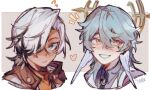  2boys aged_down artist_name bandana black_hair black_jacket blue_hair boothill_(honkai:_star_rail) border child closed_mouth collared_shirt feathered_wings flying_sweatdrops grey_background grey_eyes hair_between_eyes halo halo_behind_head head_wings heart highres honkai:_star_rail honkai_(series) jacket looking_afar looking_at_viewer low_ponytail male_focus medium_hair multicolored_hair multiple_boys notice_lines o-ring open_clothes open_jacket outside_border ponytail purple_shirt red_bandana shirt short_hair short_ponytail sidelocks simple_background smile sunday_(honkai:_star_rail) teeth tuofu two-tone_hair upper_body vest white_border white_hair white_vest wings yellow_eyes 