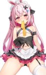  1girl absurdres animal_ears bansyono-mamoribito bare_shoulders black_bow black_choker black_gloves black_panties blush bow breasts choker corset frilled_gloves frills garter_straps gloves hair_bow hair_ornament hairclip halterneck highres indie_virtual_youtuber long_hair looking_at_viewer maid_headdress mouth_hold multicolored_hair navel necktie panties pink_hair rabbit_ears red_eyes simple_background single_garter_strap single_thighhigh small_breasts smile solo spread_legs streaked_hair thick_eyebrows thighhighs tomari_mari underwear virtual_youtuber white_background x_hair_ornament yellow_necktie 