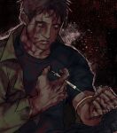  1boy arm_hair black_shirt blood blood_in_hair blood_on_clothes blood_on_face blood_on_hands blood_splatter brown_hair clenched_hand coat crying crying_with_eyes_open dilated_pupils drugs green_coat highres holding holding_syringe injection ju-san male_focus messy_hair original shirt short_hair solo sweat syringe tears tourniquet upper_body yellow_eyes 