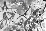  3girls acheron_(honkai:_star_rail) acheron_(izumo)_(honkai:_star_rail) arm_up armor asymmetrical_horns bare_shoulders blunt_bangs bow_(weapon) braid chinese_commentary closed_mouth collarbone detached_sleeves dress dual_persona english_commentary eyeliner faceless faceless_female fay2669127 flower flower_ornament from_behind from_side genshin_impact hair_between_eyes hair_down hair_intakes hair_ornament highres holding holding_sword holding_weapon honkai:_star_rail honkai_(series) honkai_impact_3rd horns in-franchise_crossover japanese_clothes katana kimono long_braid long_hair long_horns long_sleeves looking_at_viewer looking_to_the_side makeup mihoyo mixed-language_commentary monochrome multiple_girls off_shoulder partially_colored procreate_(medium) purple_eyes purple_flower raiden_mei raiden_mei_(apho) raiden_mei_(herrscher_of_thunder) raiden_shogun red_eyeliner red_sash sash sawashiro_miyuki shoulder_armor single_braid standing sword uneven_horns weapon wide_sleeves 