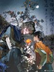  1boy 1girl bandaged_hand bandages black_hair blood blue_cape blue_pants braid braided_hair_rings cape chinese_clothes chinese_commentary clothes_grab copyright_name dirty dirty_clothes dirty_face erha_he_ta_de_bai_mao_shizun fence food fruit fruit_tree full_moon green_skirt grey_eyes hair_rings hanfu high_ponytail highres holding holding_food holding_fruit injury long_hair long_sleeves looking_at_another luo_xianxian mandarin_orange moon night night_sky official_art orange_shirt orange_tree outdoors pants ponytail sash scar scar_on_face scar_on_hand shirt shuangyaji sitting skirt sky smile standing torn_clothes tree watermark weibo_watermark white_hanfu xu_shuanglin yao_san_ge_ling 