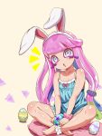  1girl :o alternate_costume animal_ear_hairband animal_ears ankle_garter bare_shoulders barefoot bead_bracelet beads blue_dress bracelet collarbone colored_eyelashes commentary_request dress drooling easter easter_egg egg fake_animal_ears flat_chest gradient_hair green_eyes green_hair hair_ornament hair_scrunchie hairband harmony_(splatoon) highres jewelry long_eyelashes long_hair mouth_drool multicolored_eyes multicolored_hair multicolored_scrunchie open_mouth pink_hair pink_scrunchie purple_eyes purple_hair purple_pupils rabbit_ears scrunchie sitting sleeveless sleeveless_dress solo splatoon_(series) t2ukmyjm tentacle_hair very_long_hair white_hairband wrist_scrunchie yellow_eyes 