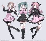  3girls :o aqua_eyes aqua_hair arm_at_side asymmetrical_legwear bare_shoulders belt black_belt black_bow black_nails black_ribbon black_shirt black_shoes black_skirt black_socks black_thighhighs bow bow_legwear brown_hair buttons center_frills clothing_cutout collared_shirt copyright_notice cross-laced_clothes cross-laced_skirt crossed_ankles double-parted_bangs fishnet_socks fishnets frilled_shirt frilled_socks frills full_body garter_straps grey_background grey_eyes hair_between_eyes hair_bow hair_ribbon hanasato_minori hands_up hatsune_miku heart heart_tattoo high-waist_skirt highres jewelry jirai_kei karo_(karohroka) kneehighs knees_together_feet_apart long_hair long_sleeves looking_at_viewer loose_socks mary_janes mismatched_legwear momoi_airi multiple_girls nail_polish necklace open_mouth over-kneehighs pale_skin parted_lips petticoat pink_bow pink_hair pink_nails pink_shirt pink_skirt pink_trim polka_dot polka_dot_shirt project_sekai puffy_long_sleeves puffy_sleeves red_eyes ribbed_socks ribbon shirt shirt_tucked_in shoes shoulder_cutout shoulder_tattoo side-by-side simple_background single_garter_strap skindentation skirt skirt_hold sleeves_past_wrists socks standing standing_on_one_leg tattoo thigh_strap thighhighs twintails two_side_up very_long_hair vocaloid web_address 