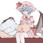  1boy 1girl bald bat_wings blue_hair blush bow center_frills closed_mouth collared_shirt frilled_shirt_collar frills hair_between_eyes hat hat_ribbon headpat highres lap_pillow lying mob_cap on_side pink_hat pink_shirt pink_skirt puffy_short_sleeves puffy_sleeves red_bow red_eyes red_nails red_ribbon remilia_scarlet ribbon shirt short_hair short_sleeves simple_background sitting skirt sleeve_bow sleeves_rolled_up slit_pupils smile thighhighs touhou white_background white_shirt white_thighhighs wings youpofen 