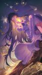 1girl brown_hair closed_eyes closed_mouth commentary crossed_bangs detached_sleeves dress earrings english_commentary feet_out_of_frame highres holding ichikawa_haru icosahedron jewelry light_smile long_dress long_hair long_sleeves night night_sky off-shoulder_dress off_shoulder original pleated_dress sky solo star_(symbol) tearing_up very_long_hair water white_dress white_sleeves 