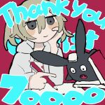  1girl akutagawa_yomuko alien animal_ears artist_request black_eyes blonde_hair blush_stickers book closed_mouth colored_tears colored_teeth commentary commentary_request double-parted_bangs english_text eyes_over_blush gogh:_focus_with_your_avatar grey_hair heart heart_print highres holding holding_pen hood hood_down jacket kuroda_42 long_hair looking_at_object milestone_celebration official_art open_clothes open_jacket open_mouth paper pen print_shirt rabbit_ears red_background red_teeth second-party_source shirt simple_background smile thank_you thick_lineart twintails unzipped white_hood white_jacket white_shirt white_sleeves 