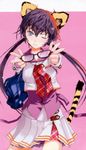  absurdres animal_ears copyright_request fuyuno_haruaki glasses green_eyes head_tilt highres long_hair one_eye_closed plaid pleated_skirt purple_background purple_hair school_uniform skirt smile solo tail tiger_ears twintails 