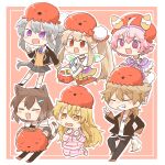  1boy 5girls ahoge animal_ears black_jacket black_pants black_pantyhose black_shoes blazer blonde_hair blush_stickers brown_eyes brown_hair brown_sweater cat_ears cat_girl cat_tail chibi clothes_around_waist collared_shirt dress elf elu_(1st_costume)_(nijisanji) elu_(nijisanji) fairy_wings fish_hair_ornament fumino_tamaki fumino_tamaki_(1st_costume) fushimi_gaku fushimi_gaku_(1st_costume) green_wings grey_hair grey_skirt hair_between_eyes hair_ornament higuchi_kaede higuchi_kaede_(1st_costume) hood hood_down hooded_jacket hoodie i_heart... ienaga_mugi ienaga_mugi_(1st_costume) jacket jewelry long_hair magatama magatama_necklace multiple_girls necklace necktie nijisanji open_clothes open_jacket open_mouth outline pants pantyhose pink_background pink_hair pink_slippers pleated_skirt pointy_ears ponytail purple_eyes purple_necktie rebecca_(keinelove) red_eyes red_thighhighs shirt shoes short_sleeves skirt slippers small_sweatdrop socks striped_clothes striped_hoodie striped_pants striped_tail sweat sweater tail thighhighs ushimi_ichigo ushimi_ichigo_(1st_costume) v-shaped_eyebrows very_long_hair virtual_youtuber wavy_mouth white_dress white_outline white_shirt white_socks wings 