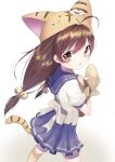  1girl animal_ears animal_hat bell blue_skirt blush brown_eyes brown_hair cat_ears cat_hat di_gi_charat food hair_bell hair_between_eyes hair_ornament hat highres jungki_dr long_hair looking_at_viewer parted_lips pleated_skirt puchiko sailor_collar school_uniform shirt simple_background skirt solo taiyaki twintails wagashi walking white_shirt 
