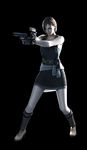  3d artist_request beretta_92 blue_eyes boots brown_hair dual_wielding gloves gun handgun highres holding jill_valentine official_art pencil_skirt pistol resident_evil resident_evil_3 short_hair skirt solo source_request strapless tubetop weapon 