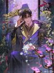  1boy beads black_hair black_hat candle candlestand chinese_clothes chinese_commentary cloak closed_mouth cowboy_shot erha_he_ta_de_bai_mao_shizun fire flower fur-trimmed_cloak fur_trim guan_hat hand_on_own_head hat highres holding holding_flower long_sleeves looking_down male_focus mian_guan mo_ran official_art purple_eyes purple_hanfu sitting solo taxian-jun transparent_flower watermark weibo_watermark wide_sleeves yao_san_ge_ling 