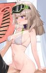 1boy 1girl aa-12_(girls&#039;_frontline) absurdres bar_censor bare_shoulders bikini blush bottomless breasts brown_hair censored commentary cum cum_in_pussy english_commentary girls&#039;_frontline girls&#039;_frontline_2:_exilium goggles goggles_on_head groping heart heart_censor hetero highres internal_cumshot long_hair medium_breasts nabiyan navel open_mouth paid_reward_available purple_eyes pussy pussy_juice sex sweat swimsuit white_bikini 