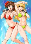  amami_haruka armpits bikini blonde_hair brown_hair green_bikini hoshii_miki idolmaster idolmaster_(classic) idolmaster_1 long_hair microphone multiple_girls music red_bikini ribbon shiny shiny_skin short_hair shu-z singing swimsuit 