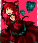  :d animal_ears bad_id bad_pixiv_id bow braid cat_ears cat_tail dada_(dolce) frills hair_bow kaenbyou_rin looking_at_viewer open_mouth paw_pose pink_background pink_eyes red_eyes red_hair skirt skirt_set smile solo tail touhou twin_braids unmoving_pattern 