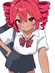  1girl alternate_costume blush bow bowtie collared_shirt drill_hair grey_skirt grin haru_maron highres kasane_teto looking_at_viewer loose_bowtie miniskirt pleated_skirt red_eyes red_hair school_uniform shirt short_sleeves skirt smile solo standing tan twin_drills utau white_shirt 