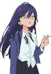  1girl :o black_jacket black_skirt blue_jacket collared_shirt genderswap genderswap_(mtf) green_eyes gundam gundam_gquuuuuux hair_between_eyes hand_up highres jacket long_hair long_sleeves nyaan_(gundam_gquuuuuux) open_blazer open_clothes open_jacket open_mouth original parted_lips pleated_skirt purple_hair school_uniform shirt skirt solo some1else45 striped_background very_long_hair white_background white_shirt 