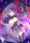  1girl armor black_thighhighs blue_pupils blurry blurry_background braid breasts bridal_gauntlets cleavage clothing_cutout cocoa_11vv commentary_request electricity flower flower_ornament genshin_impact glowing glowing_sword glowing_weapon gradient_hair hair_flower hair_intakes hair_ornament highres holding holding_sword holding_weapon huge_breasts japanese_clothes katana kimono long_braid long_hair looking_at_viewer looking_to_the_side mitsudomoe_(shape) mole mole_under_eye multicolored_eyes multicolored_hair musou_isshin_(genshin_impact) neck_ribbon off_shoulder panties parted_lips purple_eyes purple_flower purple_hair purple_kimono purple_nails raiden_shogun red_ribbon red_sash ribbon sash shade shoulder_armor shoulder_cutout single_braid slashing solo streaked_hair sword thighhighs thighs tomoe_(symbol) underwear weapon 