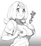  1girl blush breasts breasts_out bright_pupils clothes_pull collarbone ero_kaeru freckles greyscale lana&#039;s_mother_(pokemon) large_breasts long_hair low_ponytail mature_female monochrome nipples no_bra no_sclera pokemon pokemon_(anime) pokemon_sm_(anime) ponytail pulling_own_clothes scoop_neck shirt_pull smile solo split_ponytail white_pupils 
