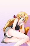  asatana ass blonde_hair green_eyes juice_box kuroi_nanako lucky_star panties ponytail ribbon solo tank_top underwear 