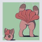 1:1 2024 3_toes 6_tails ambiguous_gender animate_inanimate anthro biped bodily_fluids border brown_nose button_(fastener) button_eyes collar colored detachable detachable_head digitigrade featureless_crotch feet flying_sweatdrops fur generation_1_pokemon gloves_(marking) green_background handpaw living_plushie markings motion_lines multi_tail nintendo nude oagoner paws plushie pokemon pokemon_(species) question_mark rear_view red_body red_fur seam_(sewing) shadow simple_background smile snout solo standing sweat sweatdrop tail three-quarter_view toes vulpix white_border wide_crotch