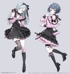  2girls ahoge asymmetrical_legwear bag bare_shoulders black_bow black_dress black_skirt black_socks black_trim blue_eyes blue_hair bow copyright_notice cross-laced_clothes cross-laced_skirt cross-laced_slit detached_collar dress earrings frilled_dress frilled_thigh_strap frills from_behind full_body grey_eyes grey_hair hair_bow hair_ornament hand_on_own_chest head_tilt heart heart_earrings highres hinomori_shizuku jewelry karo_(karohroka) kiritani_haruka knees_together_feet_apart long_hair looking_at_viewer mismatched_legwear multiple_girls nail_polish off-shoulder_shirt off_shoulder pale_skin parted_lips pink_bag pink_dress pink_nails pink_shirt pom_pom_(clothes) project_sekai shirt short_hair shoulder_bag skirt sleeve_bow sleeveless sleeveless_dress sleeveless_turtleneck socks standing standing_on_one_leg thigh_strap turtleneck turtleneck_dress web_address 