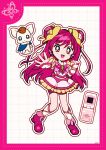  1girl animal_print back_bow boots border bow bowtie butterfly_earrings butterfly_hair_ornament butterfly_print cellphone clenched_hand coco_(yes!_precure_5) cropped_shirt cure_dream deformed dot_nose dotted_line dress earrings eyelashes flip_phone frilled_skirt frilled_sleeves frills full_body green_brooch grid_background hair_ornament hair_rings happy high_heel_boots high_heels highres jewelry kneehighs light_blush long_hair looking_at_viewer magical_girl midriff miniskirt open_mouth outline outstretched_arm phone pink_boots pink_border pink_bow pink_bowtie pink_eyes pink_hair precure purple_shorts shirt short_dress shorts shorts_under_skirt skirt skirt_set smile socks standing swept_bangs tareme uwded_207 very_long_hair watch white_arm_warmers white_background white_outline white_shirt white_skirt white_socks wristwatch yes!_precure_5 yes!_precure_5_gogo! yumehara_nozomi 