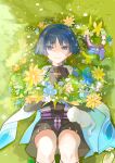  1boy absurdres aranara_(genshin_impact) armor belt black_belt black_bodysuit black_bow black_bridal_gauntlets black_hair black_shorts blue_flower blue_pupils blunt_ends bodysuit bow bridal_gauntlets cat closed_mouth covered_collarbone creature dragon empty_eyes flower from_above furisode genshin_impact green_flower grey_eyes hakama hakama_shorts highres holding holding_flower japanese_armor japanese_clothes kimono kote kurokote looking_at_viewer lying male_focus mandarin_collar mini_durin_(dragon)_(genshin_impact) mini_durin_(genshin_impact) on_back on_grass open_clothes open_kimono orange_flower pleated_shorts purple_flower purple_rope purple_sash rope sash scaramouche_(genshin_impact) shorts shoulder_peek small_dragon smile solo straight-on suyi42478390 wanderer_(genshin_impact) white_cat white_flower white_kimono white_trim wispy_bangs yellow_flower 