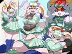 2025 anthro artist_name blush bow_ribbon buckteeth butt cheek_tuft cinderace clothing dress eye_mask eyelashes eyes_closed facial_tuft female footwear fur generation_8_pokemon green_clothing green_dress hi_res holding_object holding_plushie long_ears lying meeart117 nintendo on_front open_mouth plushie pokemon pokemon_(species) pokemon_unite red_eyes red_nose shoes sleeping slippers smile solo standing stretching teeth text thick_thighs tuft twitter_handle white_body white_fur wide_eyed yawn