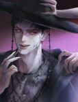  1boy abby_(kpop_demon_hunters) black_hair black_hanbok chain chain_necklace dong2342 facial_tattoo fangs fingernails gat_(hat) gatkkeun hanbok hand_tattoo hat jewelry korean_clothes korean_traditional_hat kpop_demon_hunters lips long_fingernails looking_at_viewer makeup male_focus neck_tattoo necklace nose open_mouth orange_pupils parted_bangs short_hair slit_pupils solo tattoo teeth yellow_eyes 