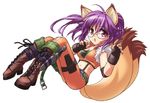  animal_ears boots fingerless_gloves fox_(trickster) fox_ears fox_tail glasses gloves knife midriff nobody_knows pants purple_hair red_eyes solo tail tight tight_pants trickster 