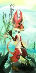 2015 anthro detailed_background fangs female forest fur jungle mammal mouse murid murine naircat plant red_body red_eyes red_fur rodent solo striped_body striped_fur stripes teeth tomboy transformice tree white_body white_fur