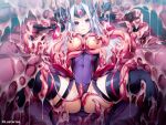  1girl amakubo_kaede armor arms_up black_gloves black_thighhighs breasts covered_navel cum cum_on_body elbow_gloves forehead_protector gloves grabbing_another&#039;s_breast groping headgear imminent_rape inoino kouyoku_senki_exs-tia large_breasts leotard long_hair looking_at_viewer medium_breasts nipples official_art red_eyes restrained slime_(substance) solo spread_legs tentacle_pit tentacles thighhighs thighs white_hair 