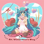  aqua_eyes aqua_hair bracelet chemise chocolate hatsune_miku heart highres jewelry long_hair minose_(phe) sitting solo thighhighs twintails valentine very_long_hair vocaloid 