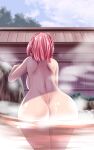  1girl ass back blue_sky blush breasts cloud cloudy_sky completely_nude convenient_censoring day highres huge_breasts long_hair median_furrow nude onsen original outdoors pink_hair shoulder_blades sky solo steam thighs tonpuu 