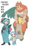  1boy 2girls :&gt; :d absurdres aqua_hair aqua_kimono armlet backpack bag blue_boots blue_hair blue_shorts blue_sleeves boots brown_bag cape chaps character_name charizard child dancho_no_mori fangs flower frown full_body green_cape green_eyes hair_flower hair_horns hair_ornament hands_up highres holding holding_sack humanization ivysaur jacket japanese_clothes jewelry kimono long_sleeves looking_at_viewer looking_to_the_side multiple_girls muscular muscular_male numbered orange_cape orange_hair orange_pants outstretched_arms pants personification pokemon pokemon_frlg red_eyes sack sash satchel short_eyebrows short_hair shorts side_ponytail simple_background smile spread_arms squirtle standing starter_pokemon_trio super_smash_bros. tank_top tooth_armlet torn_cape torn_clothes two-tone_cape v-shaped_eyebrows white_background white_tank_top yellow_pants zipper 