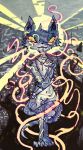 2015 anthro blue_body blue_fur domestic_cat fangs felid feline felis fur jewelry light male mammal naircat necklace necklace_only nude smile solo spirit teeth yellow_eyes