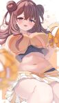  1girl absurdres bare_shoulders blush breasts brown_hair character_request cheering cheerleader crop_top double_bun hair_bun highres holding holding_pom_poms large_breasts long_hair looking_at_viewer midriff miniskirt navel open_mouth paru_364364 pleated_skirt polaris_chord pom_pom_(cheerleading) purple_eyes simple_background skirt sleeveless smile solo white_background white_skirt 
