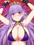  1girl armpits arms_up bare_shoulders bb_(fate) bb_(swimsuit_mooncancer)_(fate) bb_(swimsuit_mooncancer)_(second_ascension)_(fate) bead_bracelet beads bikini black_gloves blush bracelet breasts cleavage collarbone fate/grand_order fate_(series) fingerless_gloves gloves grin hair_ornament hair_ribbon hairband highres horosuke jewelry large_breasts long_hair looking_at_viewer neck_ribbon purple_bikini purple_eyes purple_hair ribbon smile solo star_(symbol) star_hair_ornament sweat swimsuit very_long_hair 