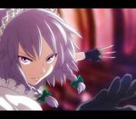  anime_coloring between_fingers braid fighting_stance fukurou gloves hands izayoi_sakuya knife lavender_hair letterboxed maid maid_headdress pink_eyes serious short_hair solo touhou tsurime twin_braids 